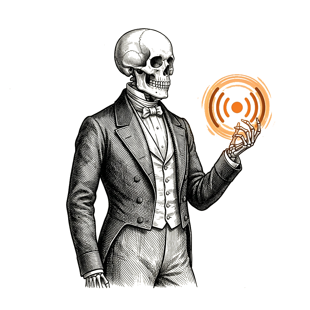 Sam the skeleton holding a glowing NFC symbol